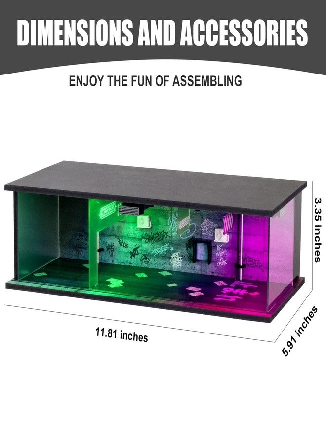 صندوق عرض سيارات بمقياس 1/64 بتصميم سايبربانك، مزود بإضاءة LED وغطاء أكريليك، مع مكانين لركن السيارات وإضاءة بنفسجية وخضراء. - Image 2